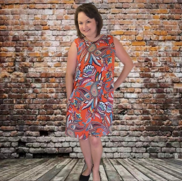 Apt 9 Paisley Dress Orange Coral Aqua Stretchy Pockets Loose Fit Casual D5 - Picture 10 of 13
